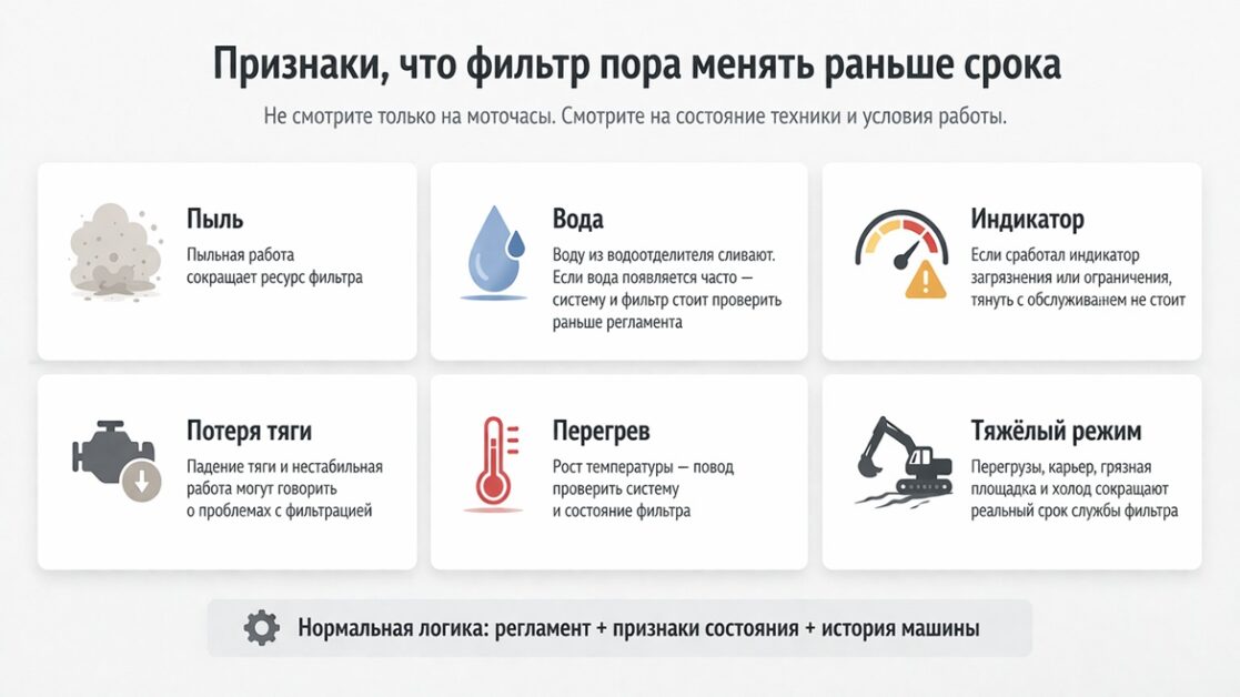 Инфографика: признаки, что фильтр на спецтехнике пора менять раньше регламента