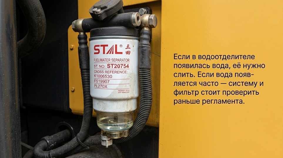 Вода в водоотделителе топливного фильтра на спецтехнике